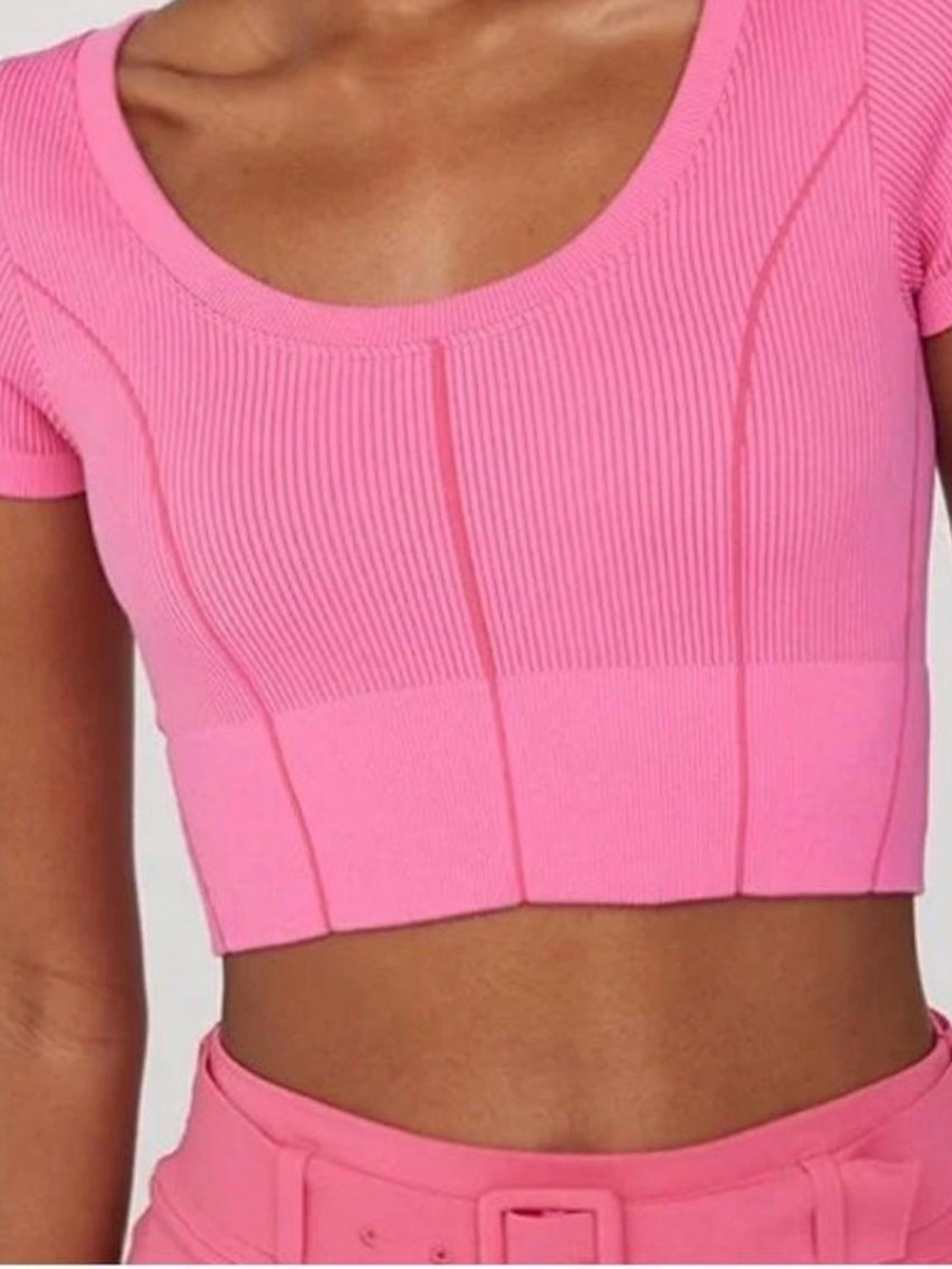 aerie Pink Ribbed Scoop-Neck Short Sleeve Crop Top
